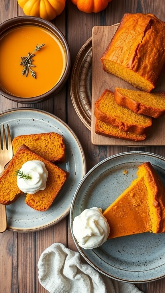 A variety of pumpkin dishes including soup, bread, and pie, showcasing the versatility of pumpkin puree.